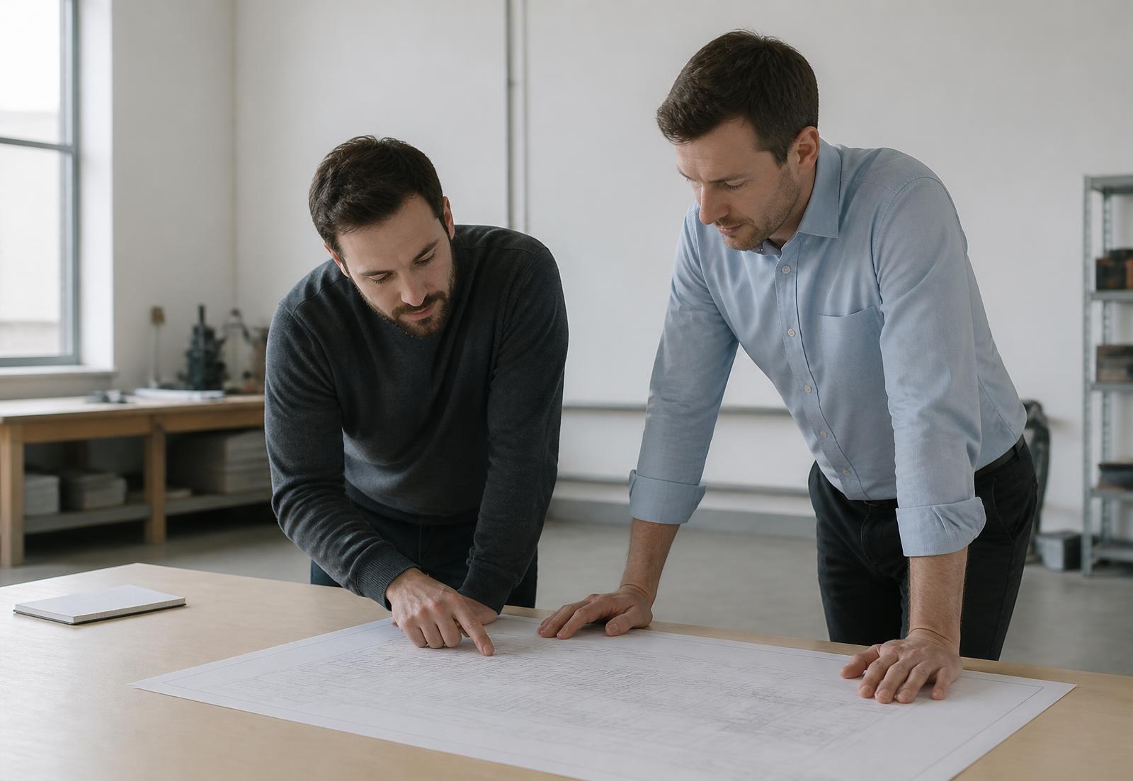 Two engineers reviewing a technical drawing
